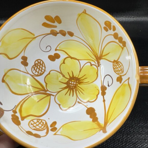Italian Pottery Oversized Teacup And Saucer Set Hand Painted Yellow Flowers VTG - Picture 4 of 15